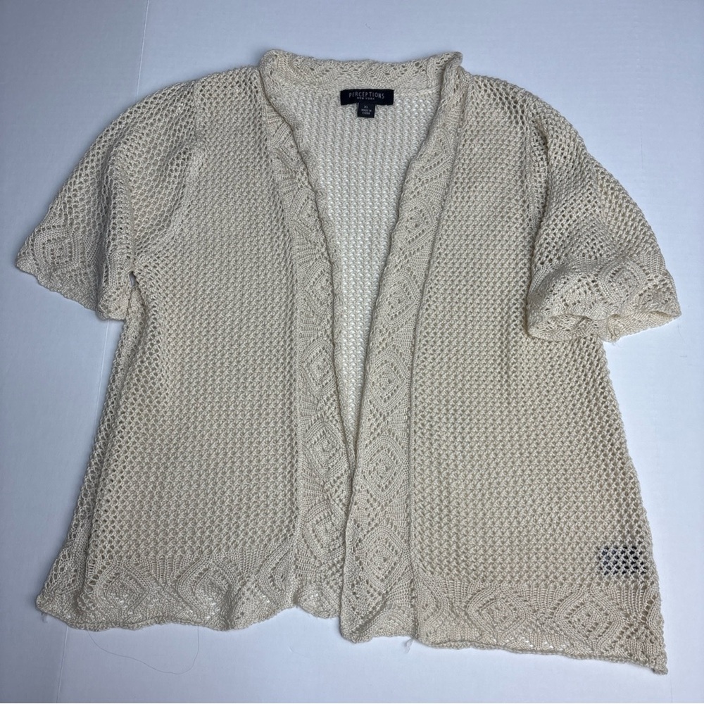 Perceptions Women XL Sweater Cream Knit Short Sleeve Open Front Crochet Acrylic